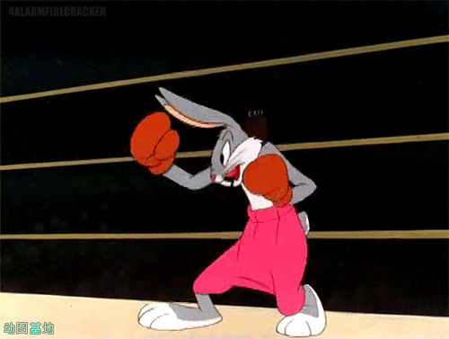 兔八哥戴着拳击手套在擂台上挥舞GIF图片:兔八哥