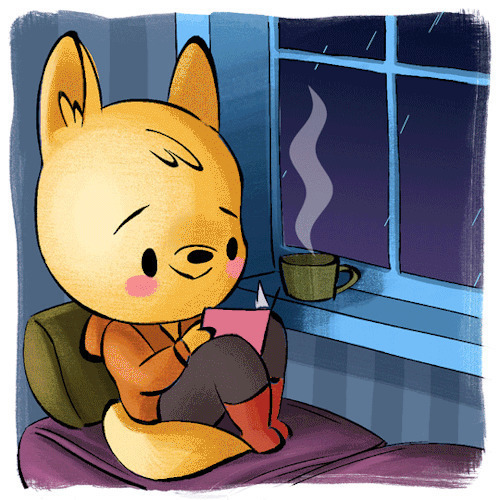 卡通小猪坐在窗边喝茶看书GIF图片:小猪