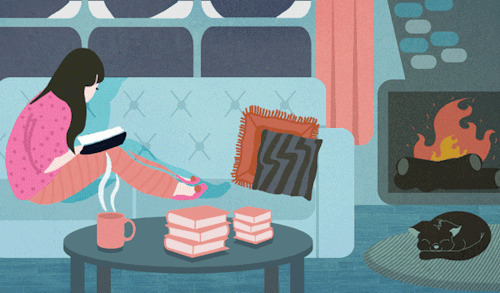 雪天呆在家的美好生活动画图片:悠闲,看书
