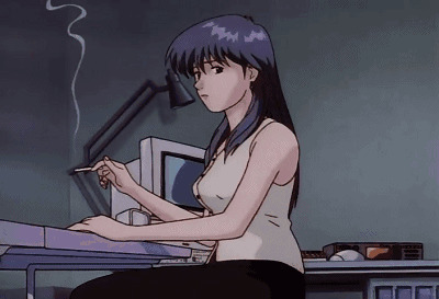 卡通小女孩坐在办公桌前抽烟gif图片