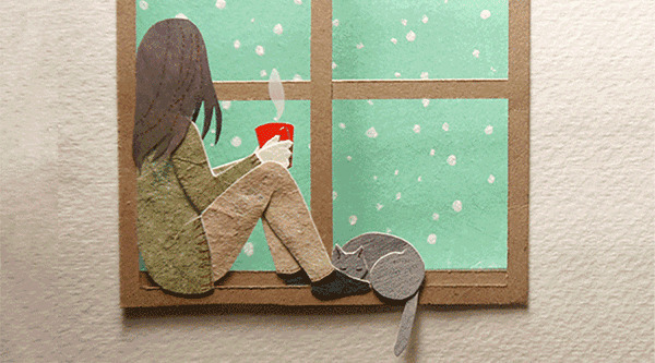 卡通小女孩端着茶杯坐在窗台上看窗外的雪花gif图片