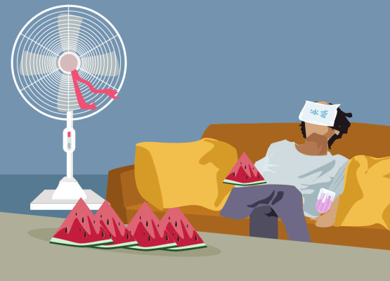 卡通男孩躺在沙发上吃西瓜吹风扇gif图片:西瓜,电风扇