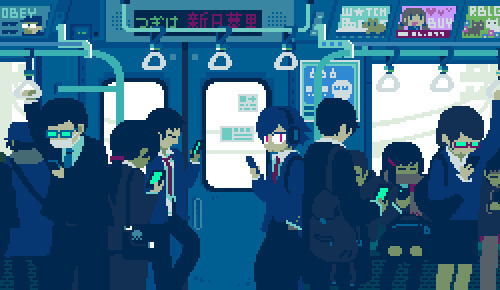 一群卡通男孩站在地铁上玩手机gif图片