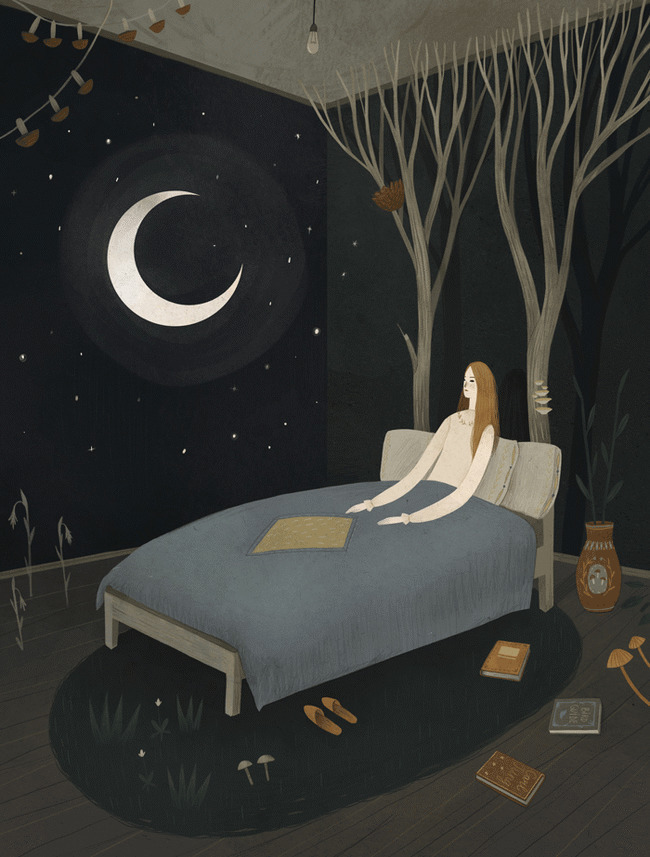 卡通女孩躺在床上看着窗外的月亮gif图片
