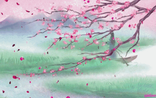 桃花散落在江面上形成一幅美丽的风景画gif图片